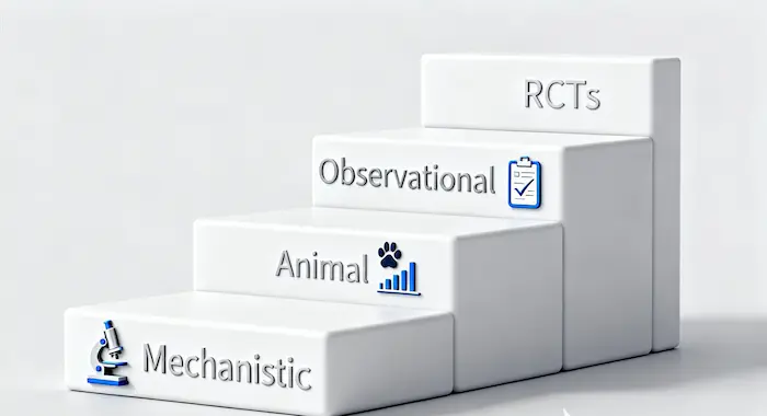 Photorealistic 3D staircase representing evidence types from mechanistic to RCTs.