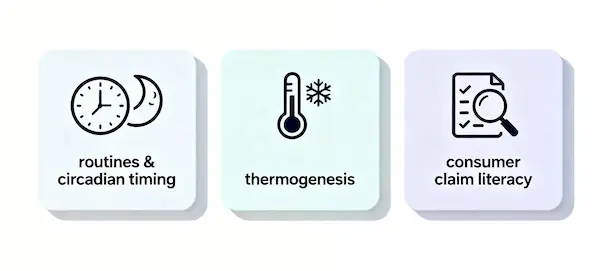 Three-topic visual map: routines and timing, thermogenesis, and consumer claim verification