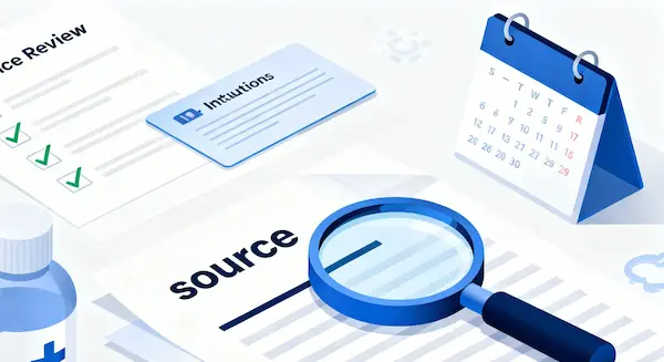Editorial standards workflow visual showing sources, checklist verification, and update dates