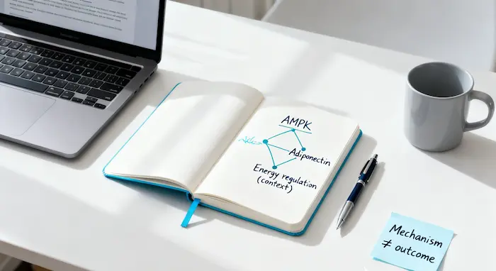 Editorial desk scene with notebook sketch connecting AMPK and adiponectin to energy regulation in context.
