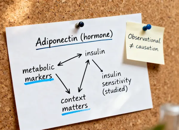 Realistic photo of a paper or whiteboard diagram explaining adiponectin with a note that observational evidence is not causation.