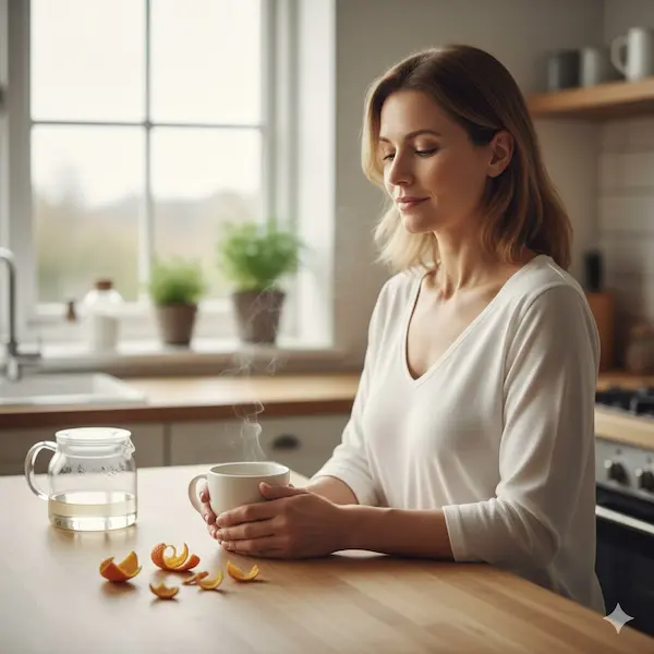 Calm morning routine: warm cup, citrus peel, and a quiet moment of consistency
