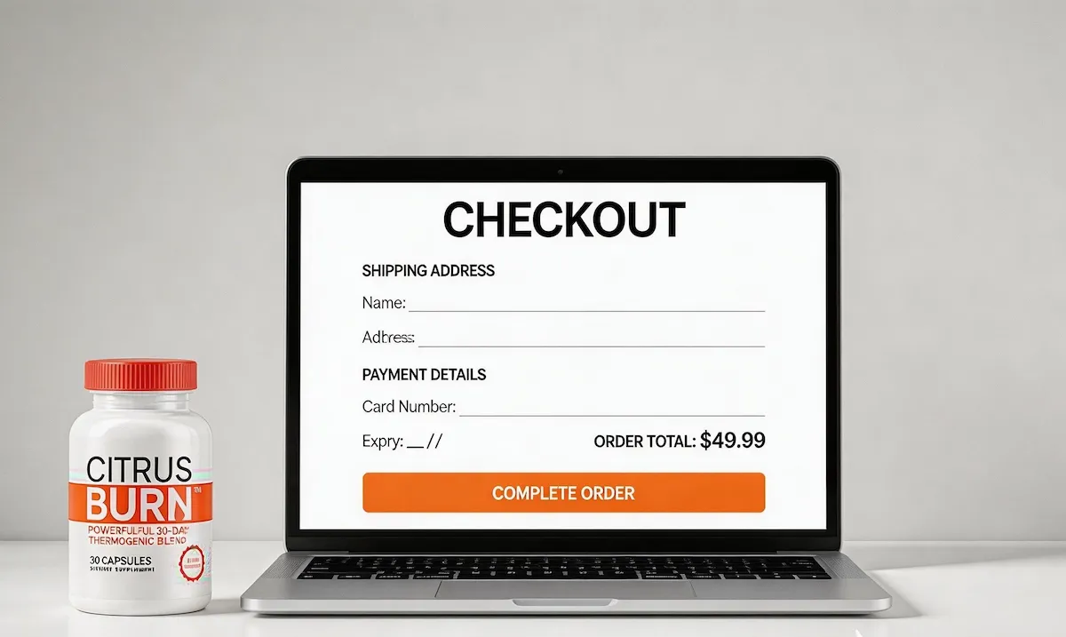 Laptop showing a Citrus Burn checkout page with visible order total and payment fields